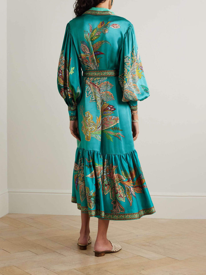 Elowen - Delicate Satin Floral Print Single Breasted Midi Dress