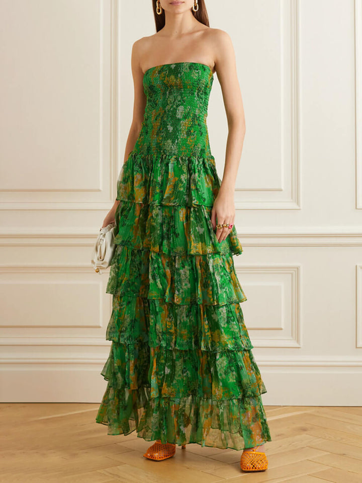 Elara - Strapless Layered Bandeau Floral Print Maxi Dress