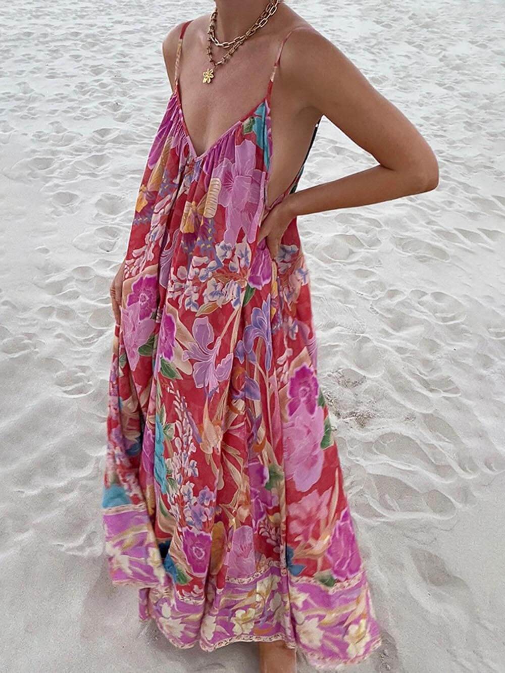 Elara - Casual Positioning Print Suspender Maxi Dress