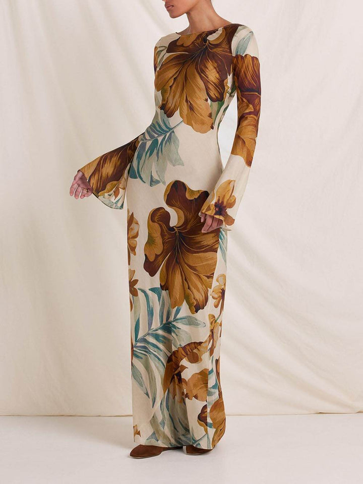 Elara - Simple Unique Plant Pattern Print Back Hollow Out Maxi Dress