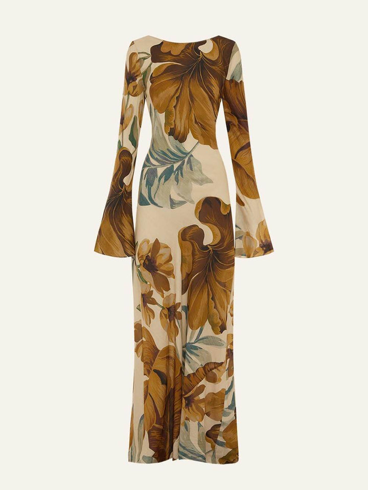 Elara - Simple Unique Plant Pattern Print Back Hollow Out Maxi Dress