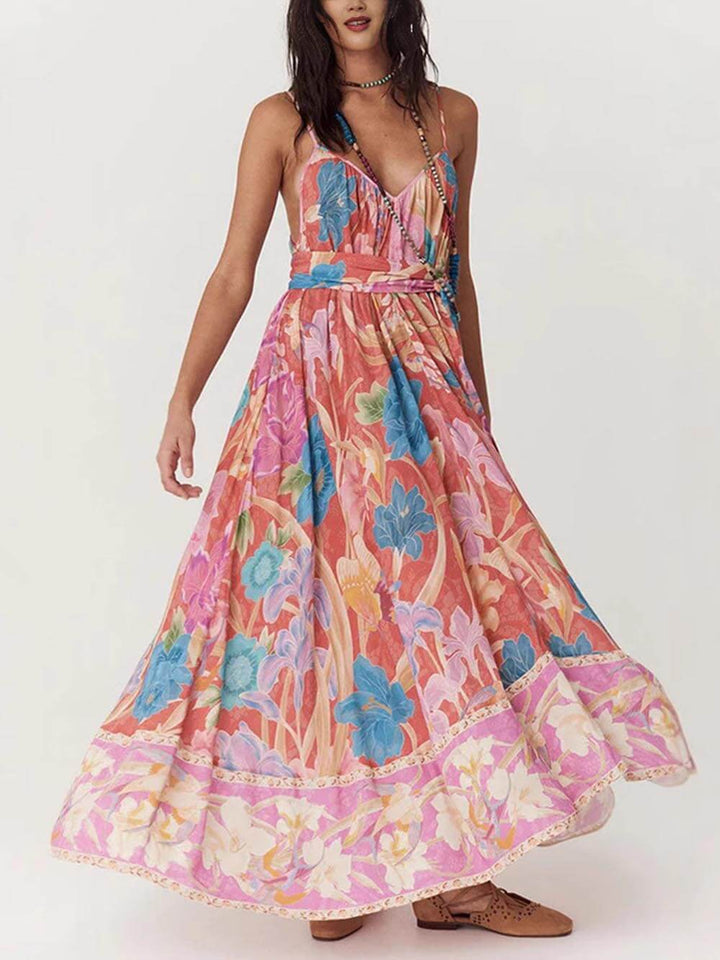 Elara - Casual Positioning Print Suspender Maxi Dress