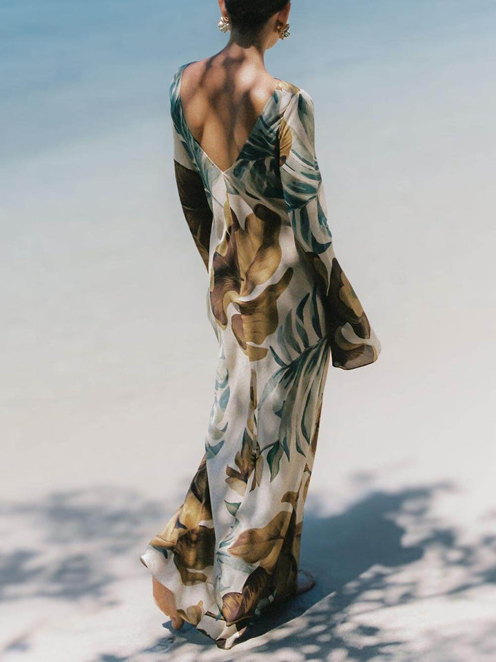 Elara - Simple Unique Plant Pattern Print Back Hollow Out Maxi Dress