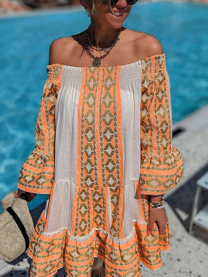 Isolde - Linen Blend Ethnic Print Off Shoulder Loose Mini Dress