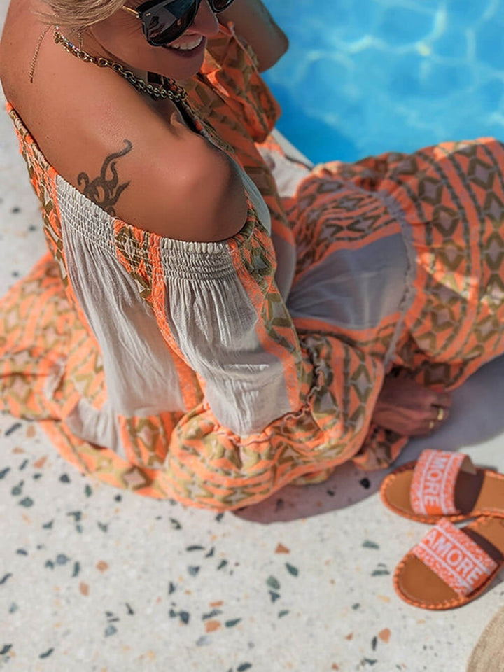 Isolde - Linen Blend Ethnic Print Off Shoulder Loose Mini Dress