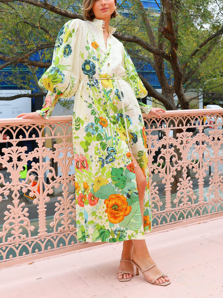 Evelyne - Unique Print Lantern Sleeve Cream Cardigan Style Shirt Dress