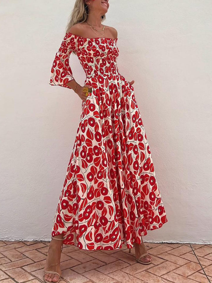 Elowen - Floral Print Smocked Off Shoulder Pocketed Maxi Dress