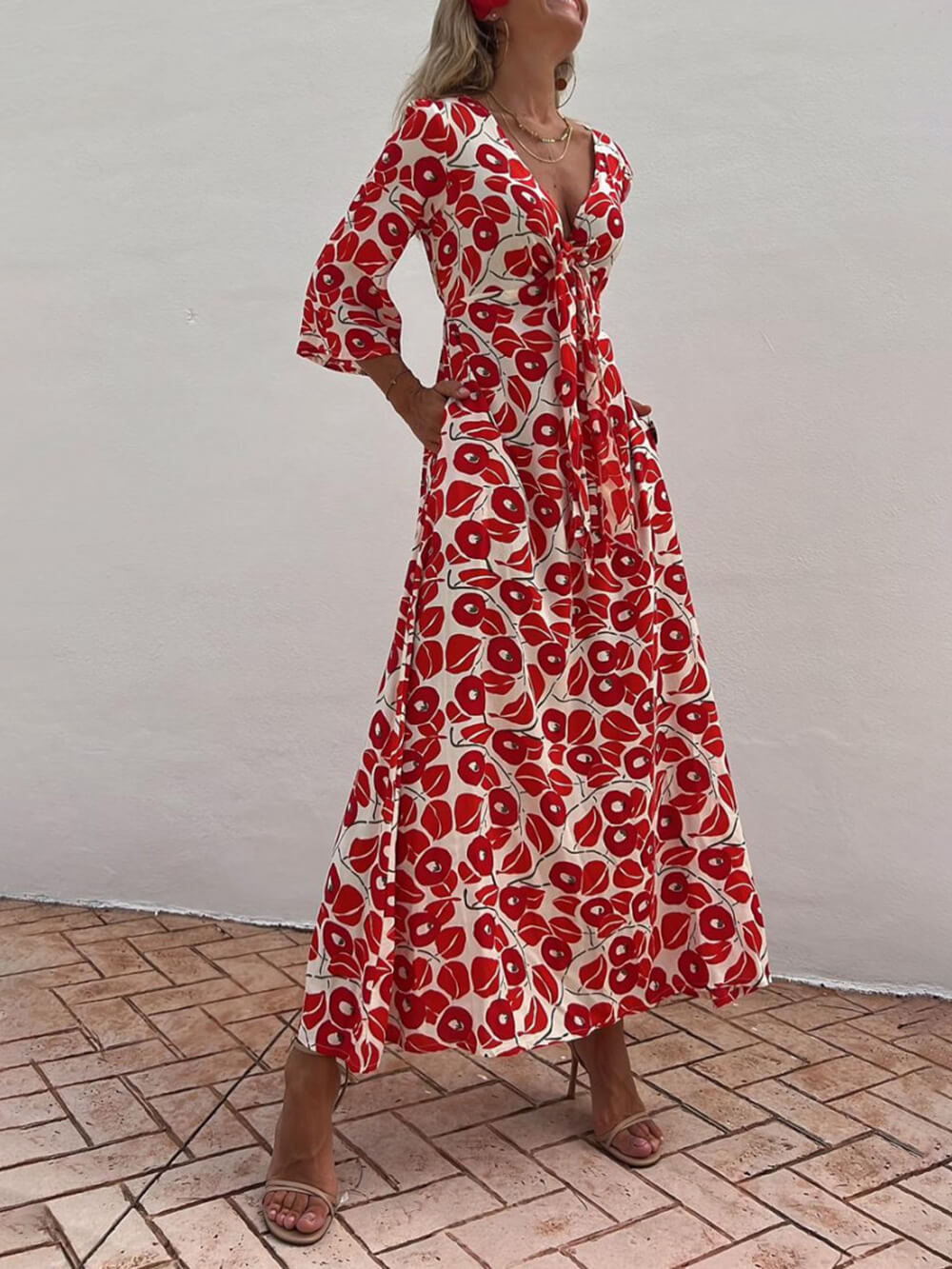 Calla - Vacation Floral Print Smocked Off Shoulder Pocketed Maxi Dress