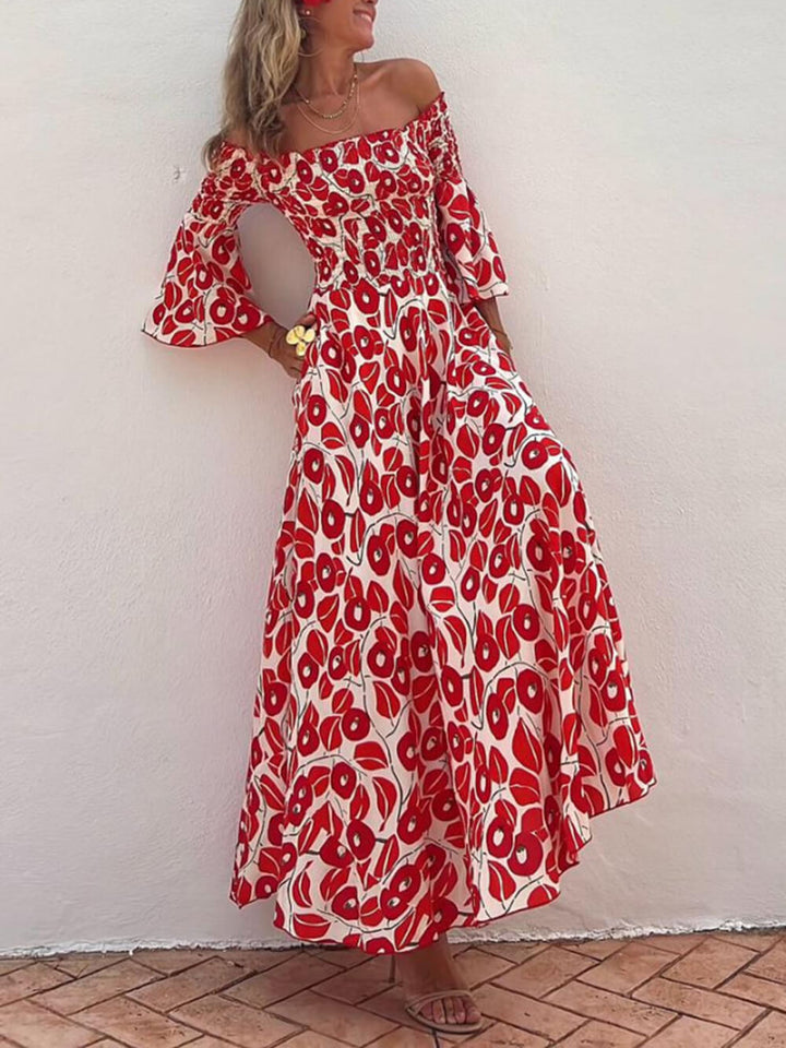 Elowen - Floral Print Smocked Off Shoulder Pocketed Maxi Dress