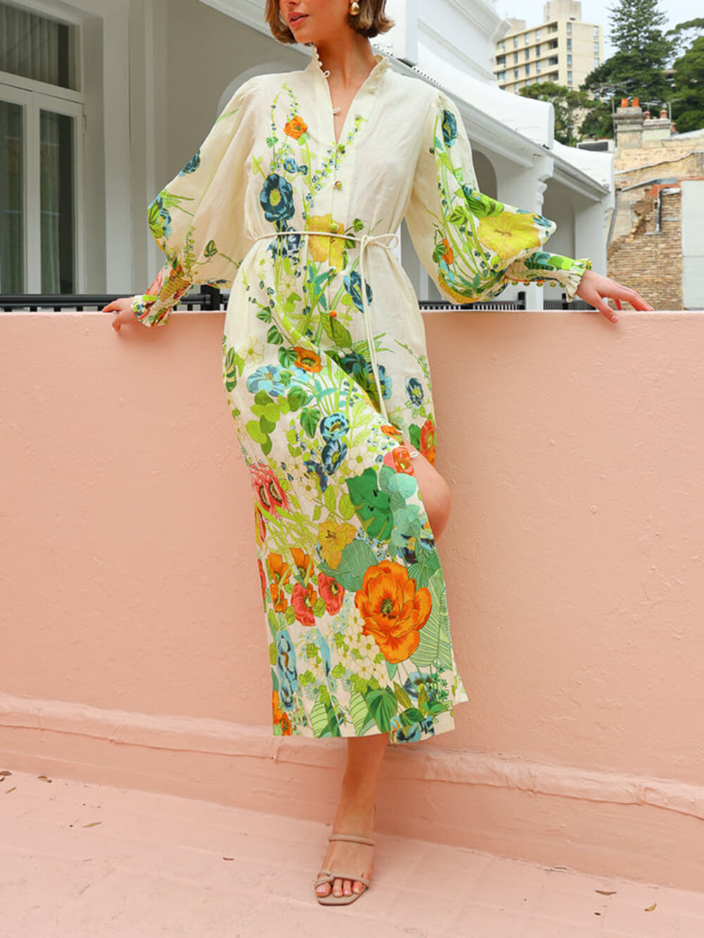 Evelyne - Unique Print Lantern Sleeve Cream Cardigan Style Shirt Dress