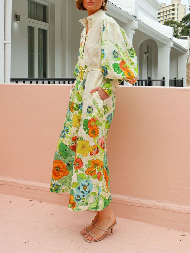 Evelyne - Unique Print Lantern Sleeve Cream Cardigan Style Shirt Dress