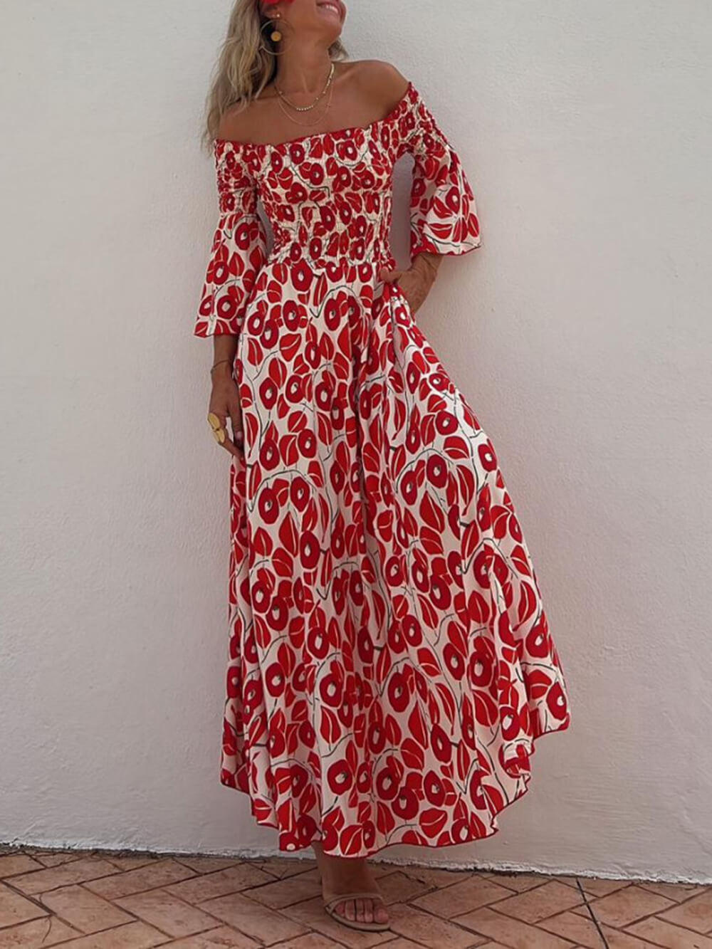 Elowen - Floral Print Smocked Off Shoulder Pocketed Maxi Dress