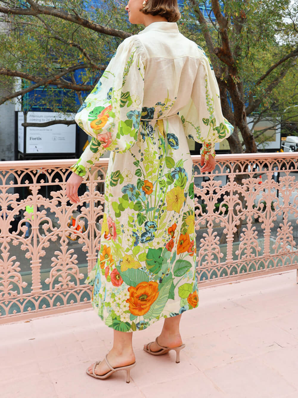 Evelyne - Unique Print Lantern Sleeve Cream Cardigan Style Shirt Dress