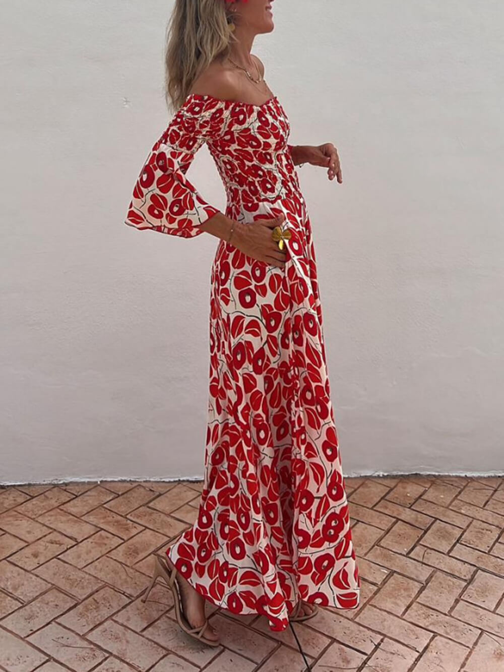 Elowen - Floral Print Smocked Off Shoulder Pocketed Maxi Dress
