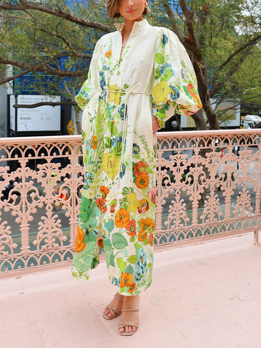 Evelyne - Unique Print Lantern Sleeve Cream Cardigan Style Shirt Dress