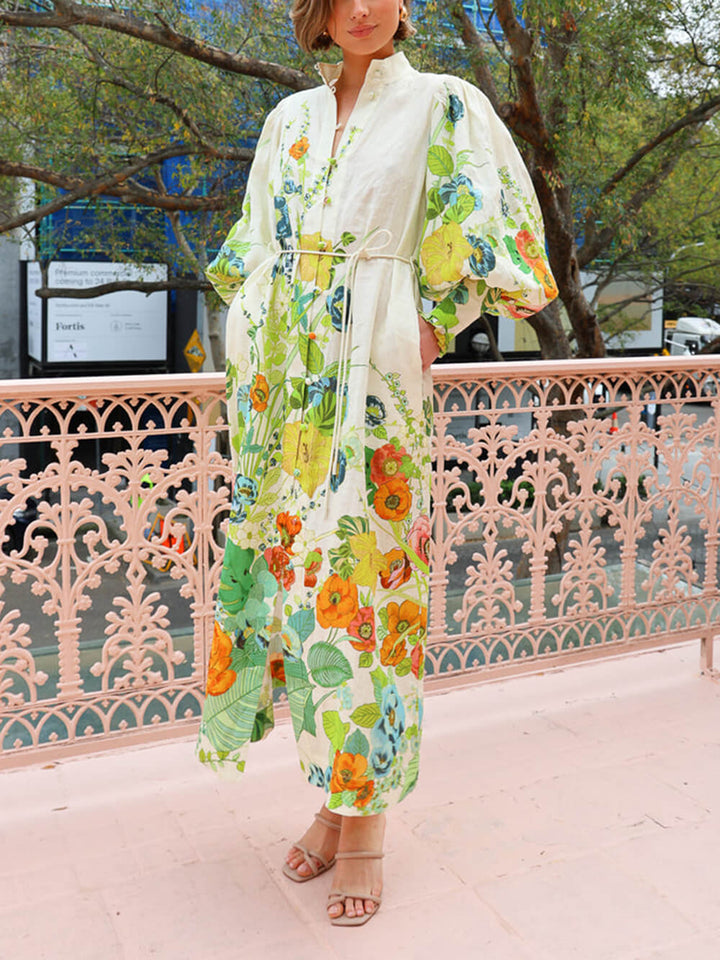 Evelyne - Unique Print Lantern Sleeve Cream Cardigan Style Shirt Dress