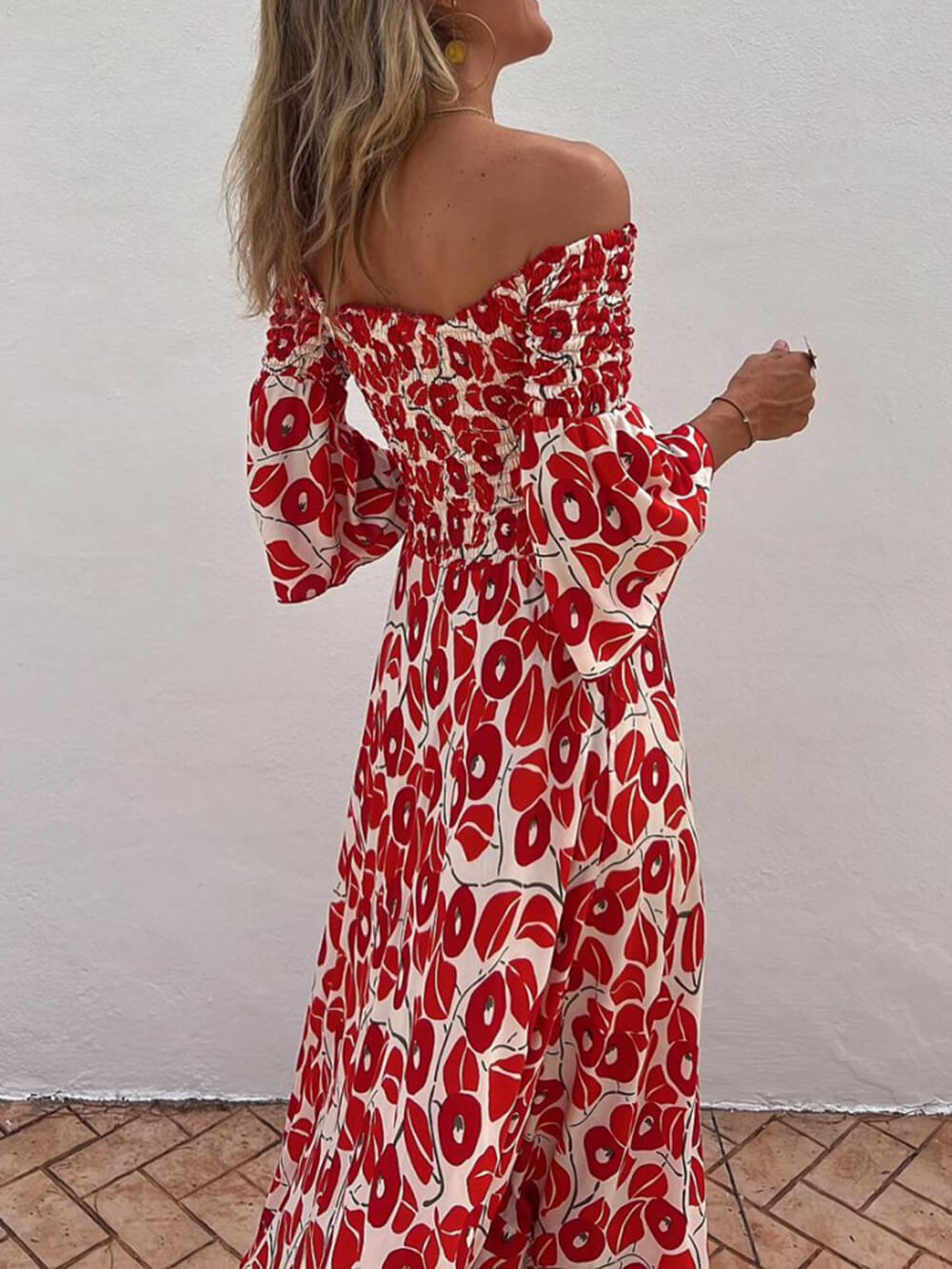 Elowen - Floral Print Smocked Off Shoulder Pocketed Maxi Dress