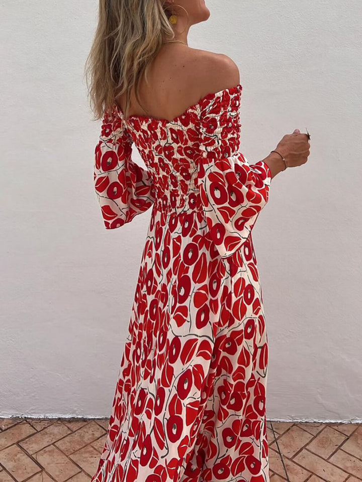 Elowen - Floral Print Smocked Off Shoulder Pocketed Maxi Dress