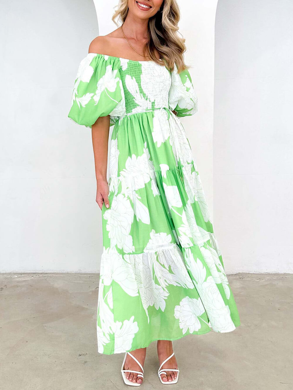 Fiore - Unique Floral Print Patchwork Up Pleated Maxi Dress