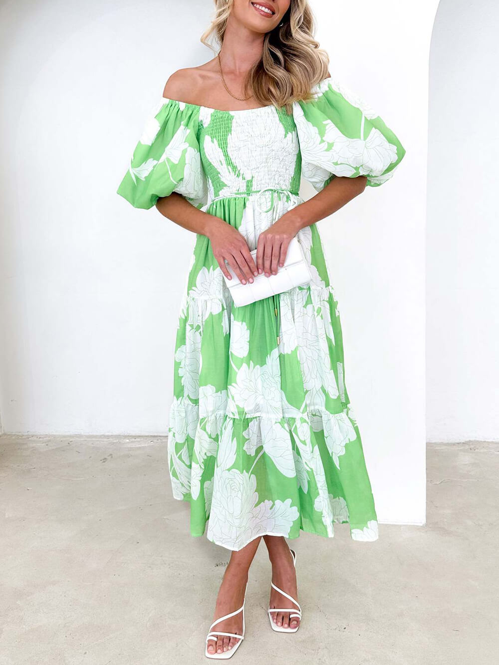 Fiore - Unique Floral Print Patchwork Up Pleated Maxi Dress