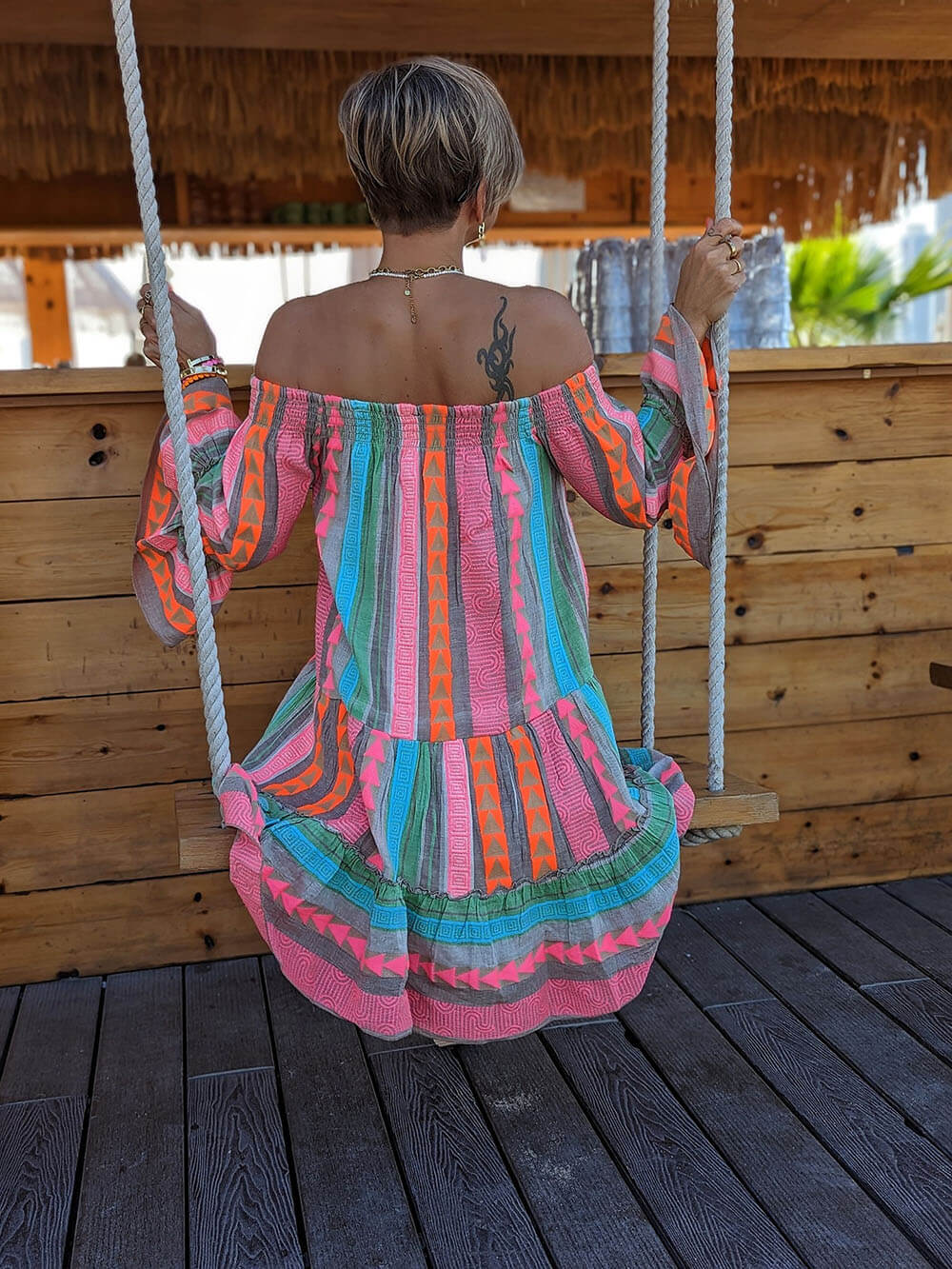 Isolde - Linen Blend Ethnic Print Off Shoulder Loose Mini Dress