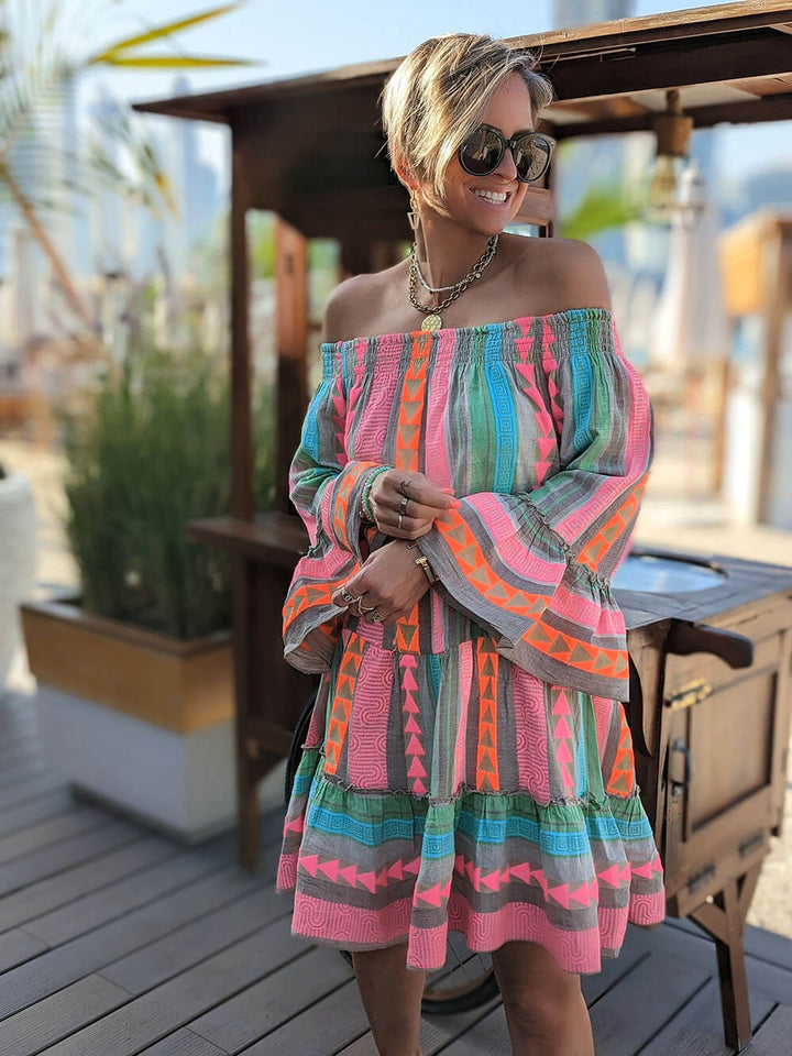 Isolde - Linen Blend Ethnic Print Off Shoulder Loose Mini Dress