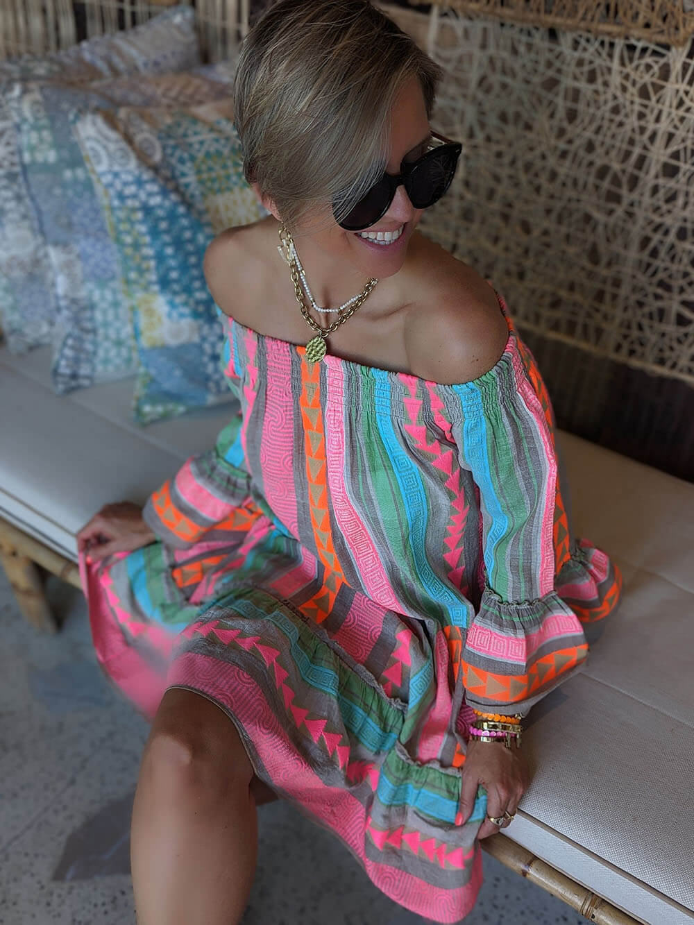 Isolde - Linen Blend Ethnic Print Off Shoulder Loose Mini Dress