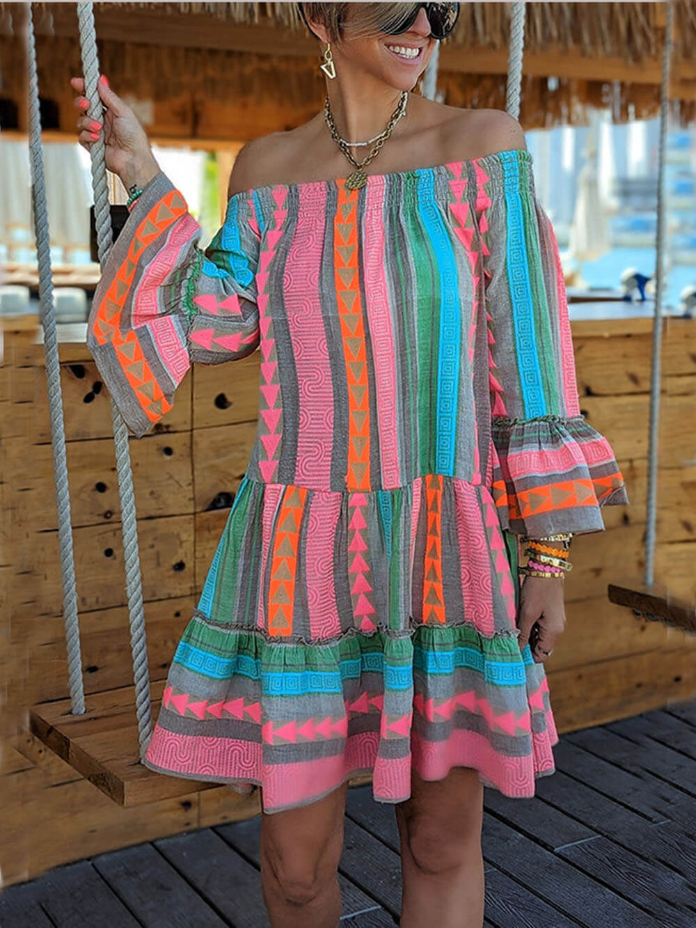 Isolde - Linen Blend Ethnic Print Off Shoulder Loose Mini Dress