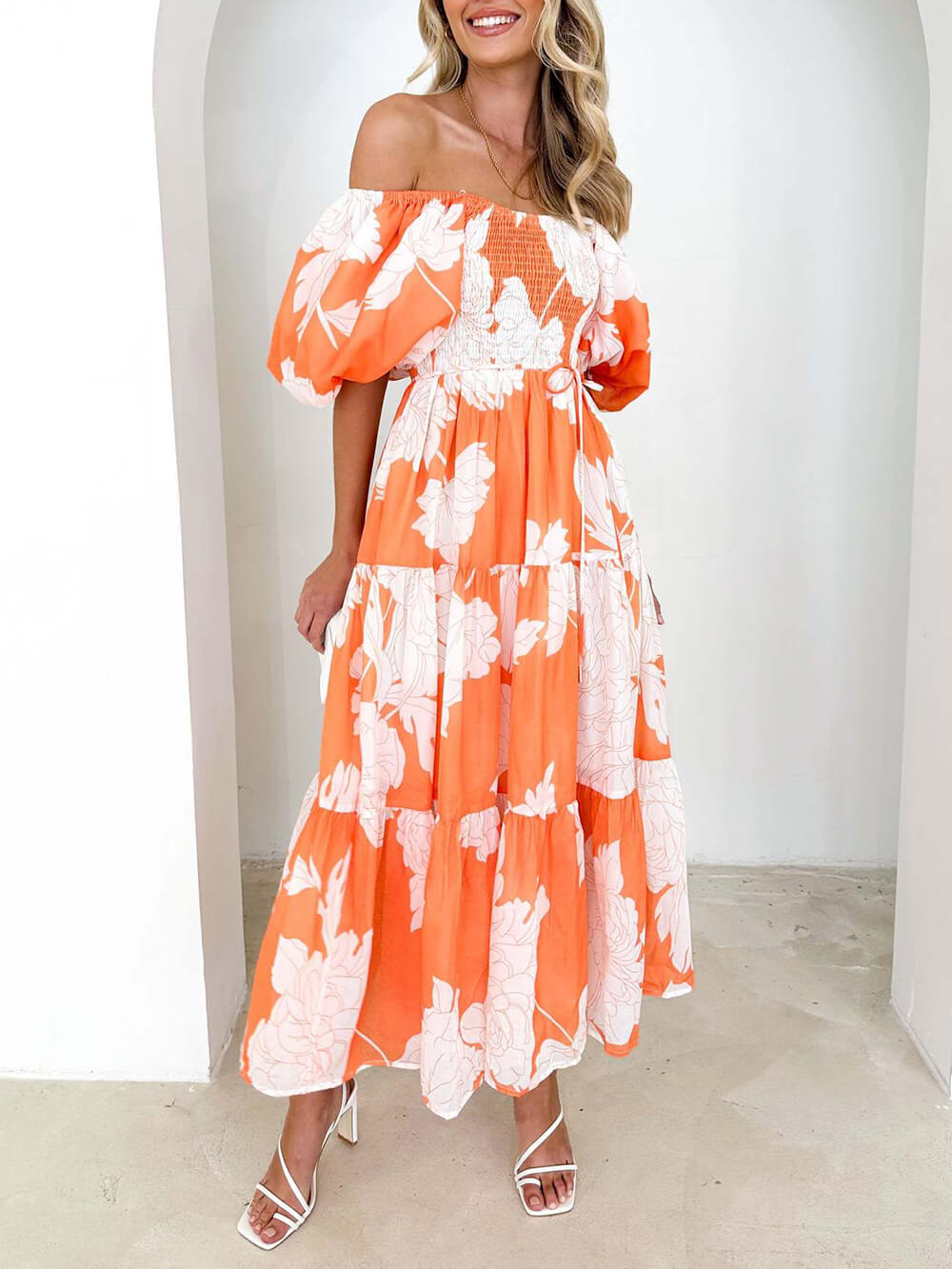 Fiore - Unique Floral Print Patchwork Up Pleated Maxi Dress