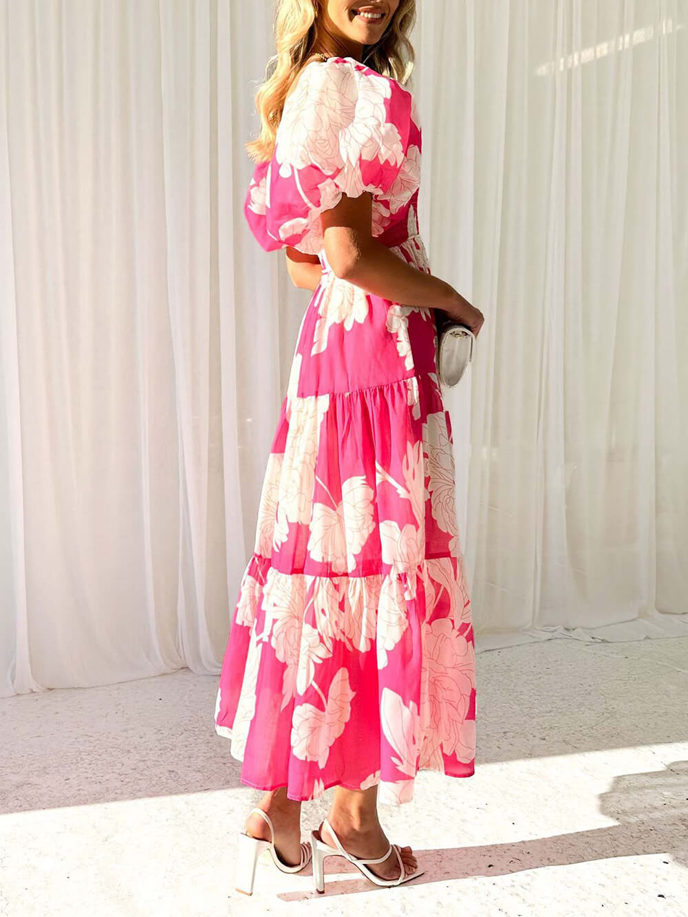 Fiore - Unique Floral Print Patchwork Up Pleated Maxi Dress