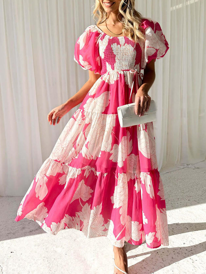 Fiore - Unique Floral Print Patchwork Up Pleated Maxi Dress