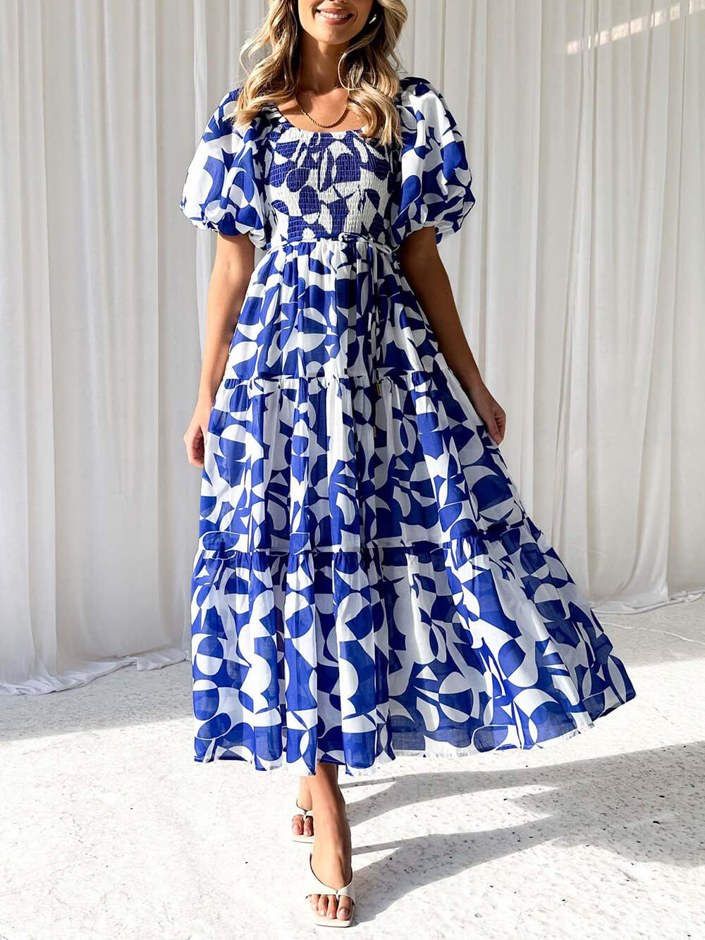 Fiore - Unique Floral Print Patchwork Up Pleated Maxi Dress