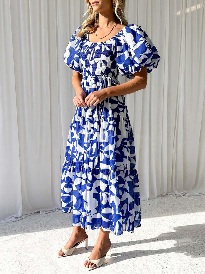 Fiore - Unique Floral Print Patchwork Up Pleated Maxi Dress