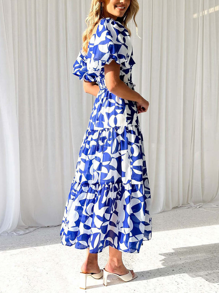 Fiore - Unique Floral Print Patchwork Up Pleated Maxi Dress