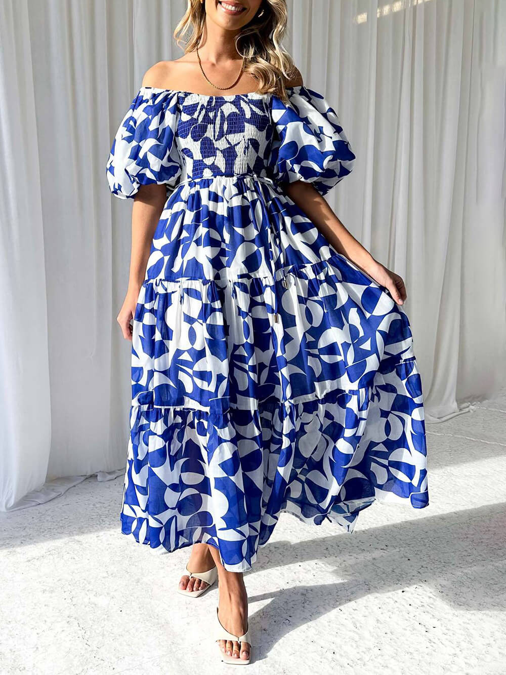 Fiore - Unique Floral Print Patchwork Up Pleated Maxi Dress