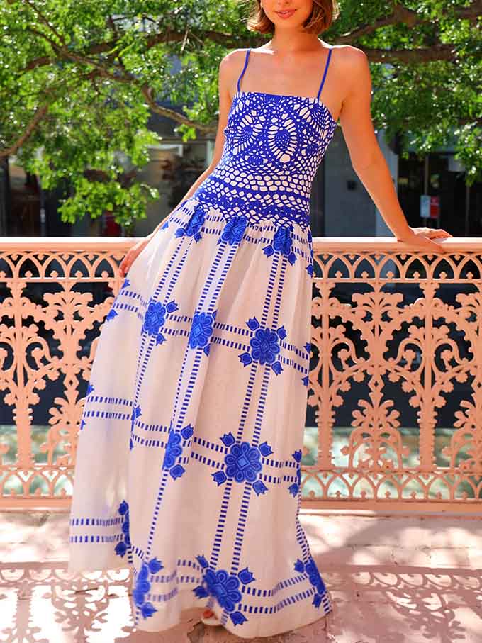 Isolde - Unique Painted Crochet Floral Print Midi Dress