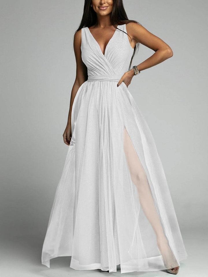 Ava - Elegant And Sexy V-Neck Waisted Slit Long Swing Maxi Dress