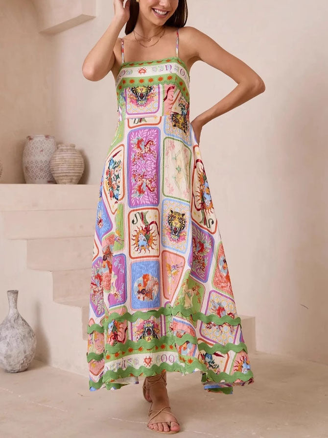 Elara - Unique Painted Print Sleeveless Lace Maxi Dress