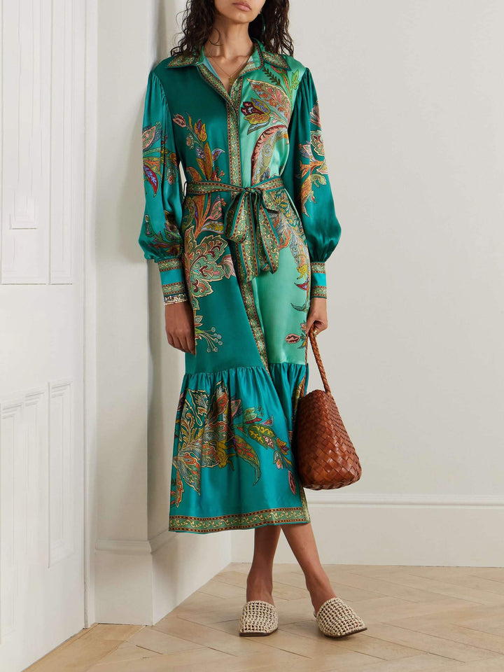 Elowen - Delicate Satin Floral Print Single Breasted Midi Dress