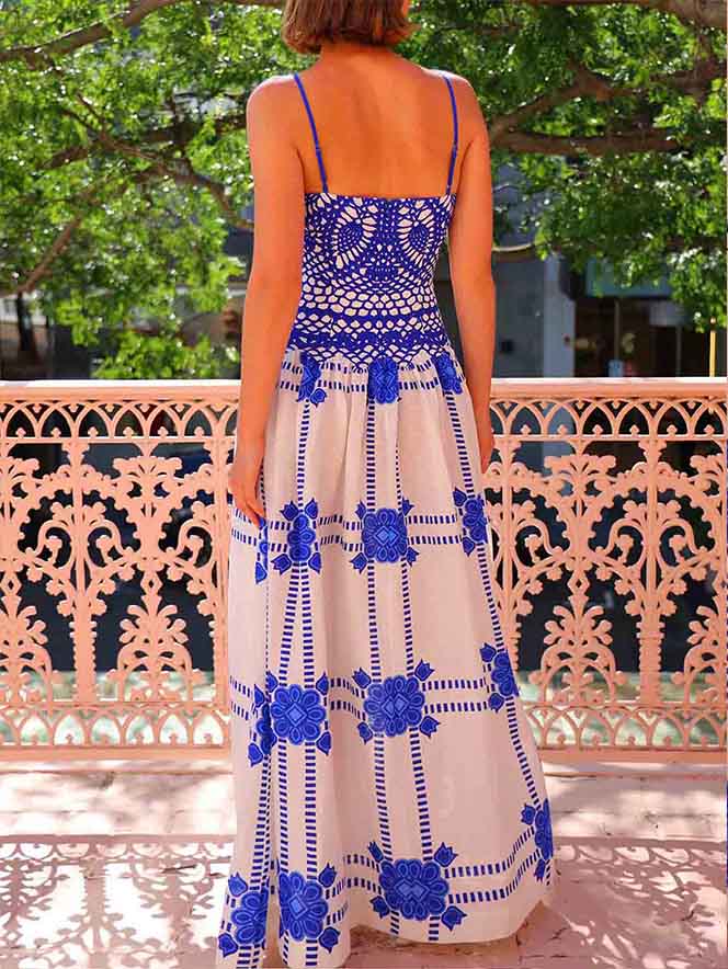 Isolde - Unique Painted Crochet Floral Print Midi Dress