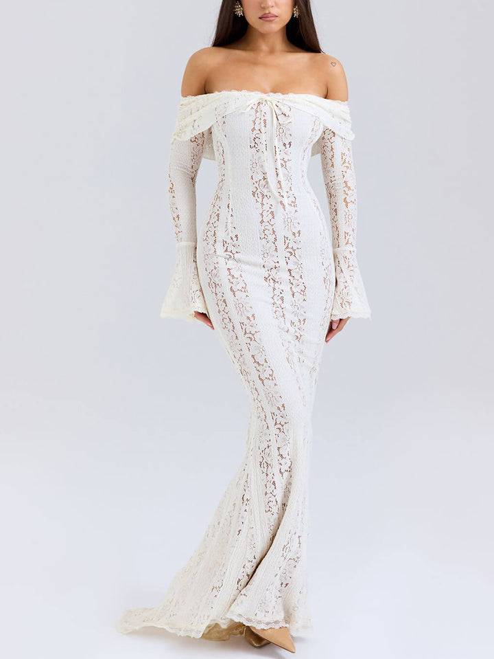 Valeria - Elegant One Shoulder Lace Fishtail Maxi Dress