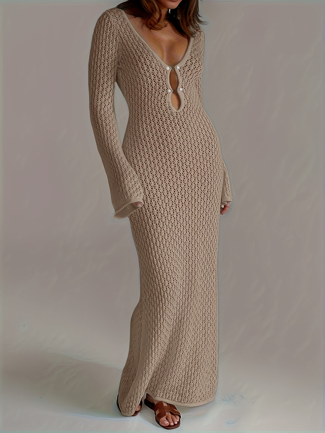 Selena - Solid Color Crochet Long Sleeve Beach Knit Dress