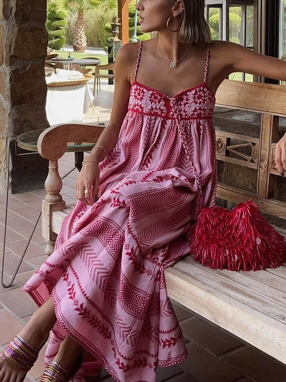 Zaria - Ethnic Style Crochet Patchwork Knitted Slip Maxi Dress