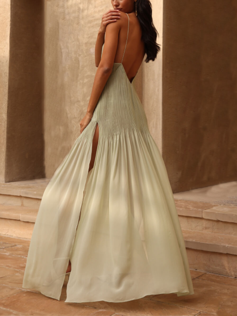 Solana - Sunset Unique Pleated Patchwork Slit Maxi Dress