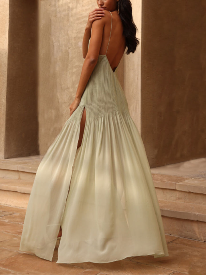 Solana - Sunset Unique Pleated Patchwork Slit Maxi Dress