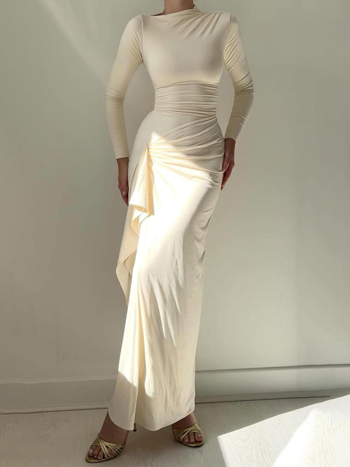 Elly - Elegant Ruched Side Slit Drape Ruffles Back Lace-up Stretch Maxi Dress