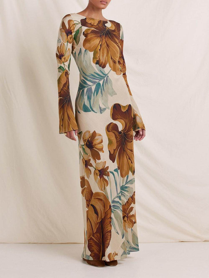 Elara - Simple Unique Plant Pattern Print Back Hollow Out Maxi Dress