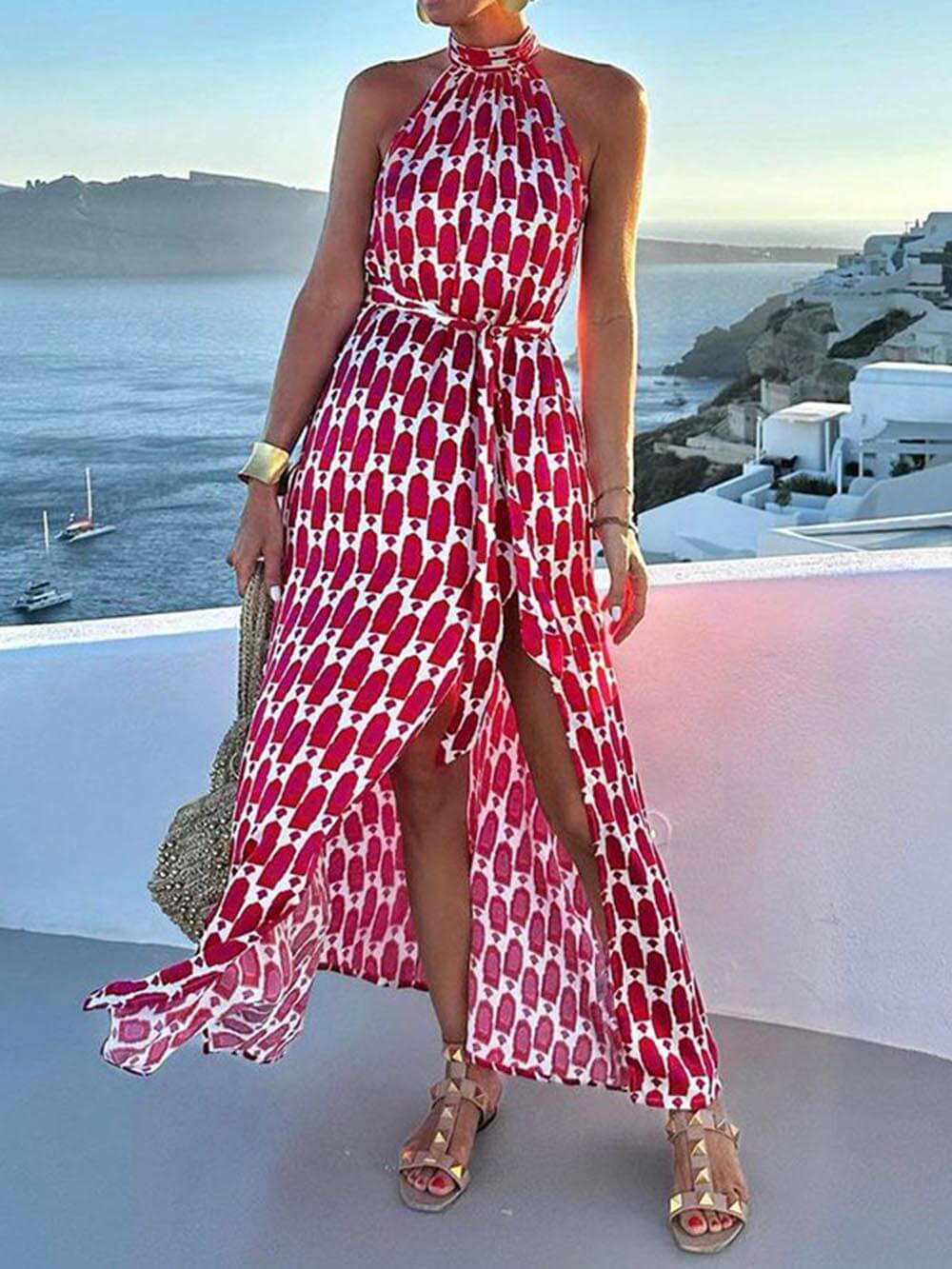 Sienna - Sexy And Fashionable Printed Halter Neck Beach Slit Midi Dress