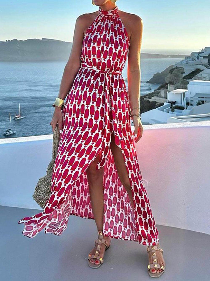 Sienna - Sexy And Fashionable Printed Halter Neck Beach Slit Midi Dress