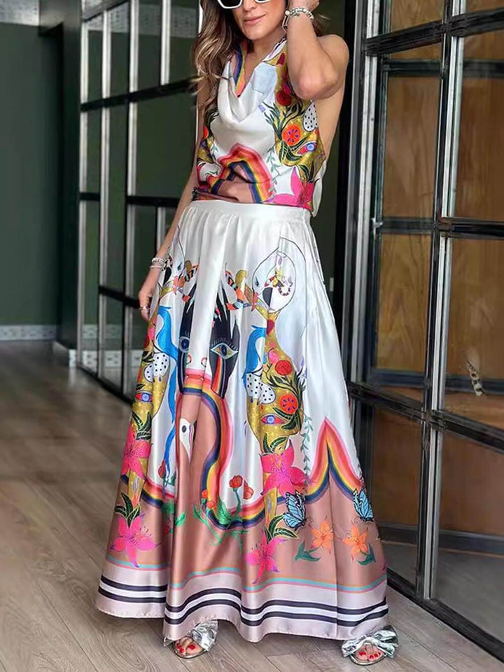 Selene - Elegance Unique Satin Print Back Tie-up Pocket Halter Maxi Dress